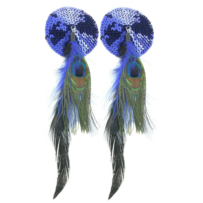 Bijoux de Nip Blue Sequin Round Pasties with Feathers