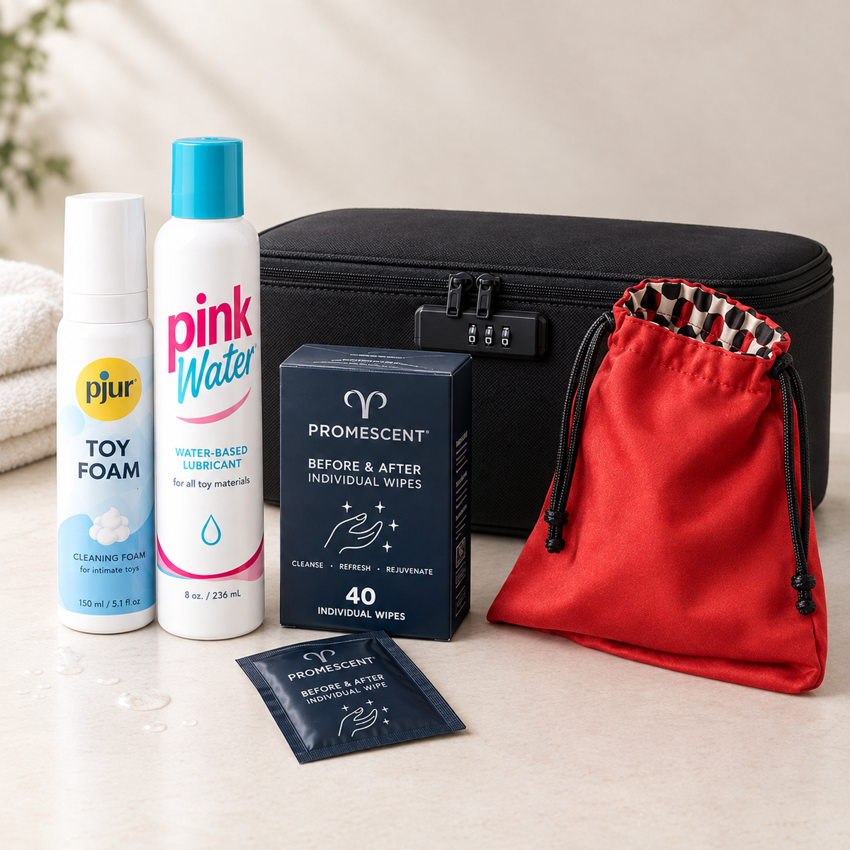 The Afterglow Care Kit: toy cleaning foam, water-based lube, individual wipes, a storage pouch and a lockable case