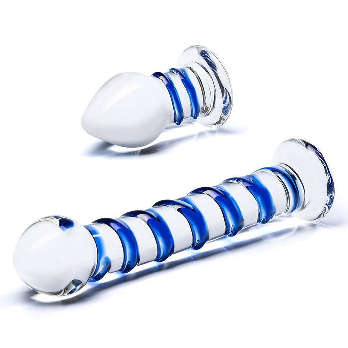 Glas 2-piece Double Penetration Glass Swirly Dildo & Butt Plug Set