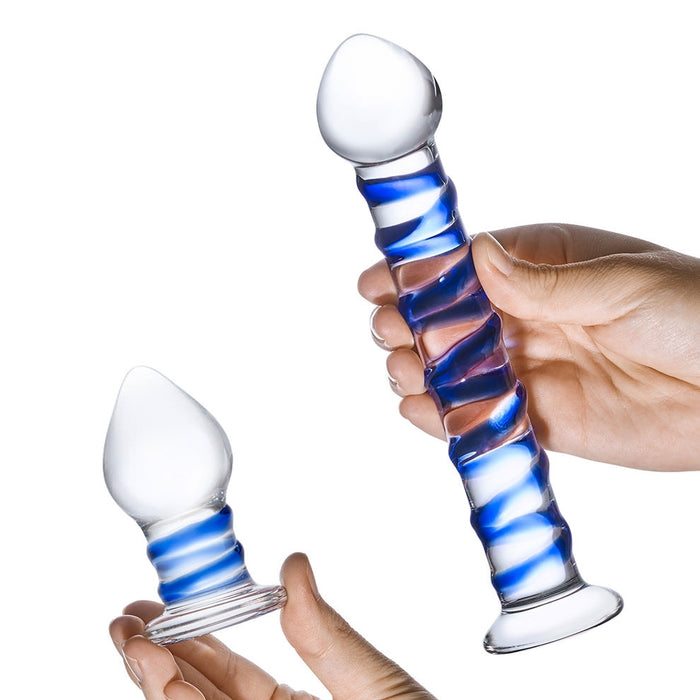 Glas 2-piece Double Penetration Glass Swirly Dildo & Butt Plug Set