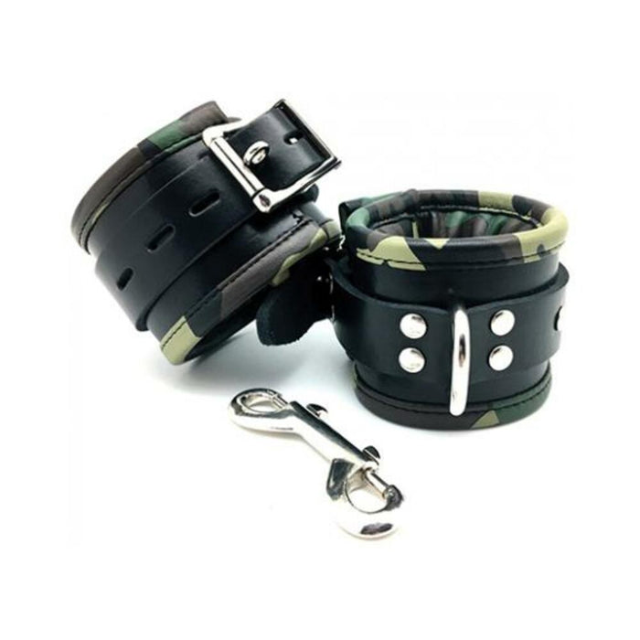 Sensual Sin Leather Padded Wrist Cuffs Camo Piping