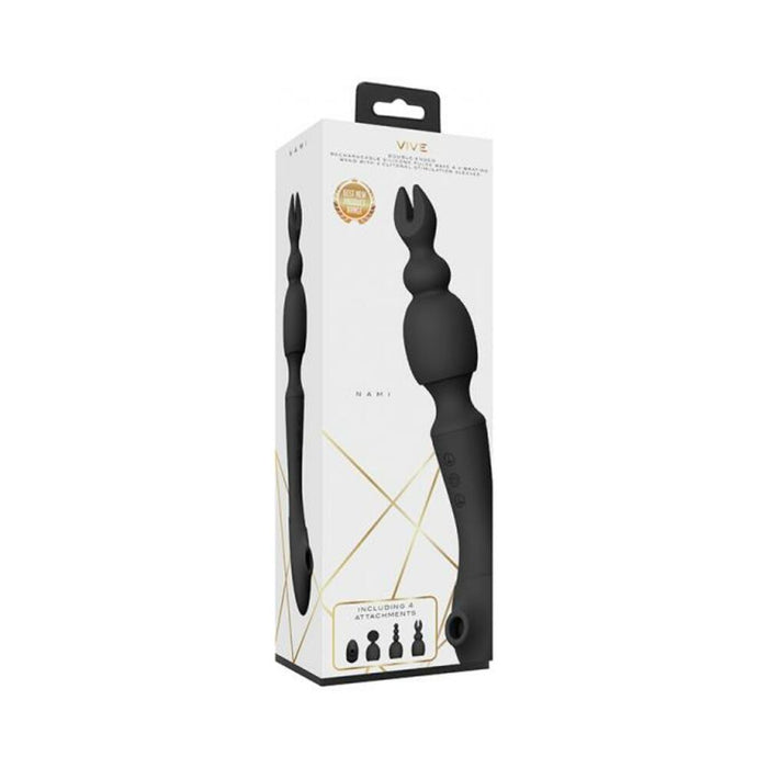 Vive - Nami Rechargeable Pulse-wave Double-ended Silicone Wand With Interchangeable Sleeves - Black