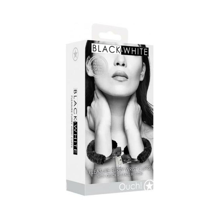 Ouch! Black & White Beginner Pleasure Furry Wrist Cuffs With Quick-release Button