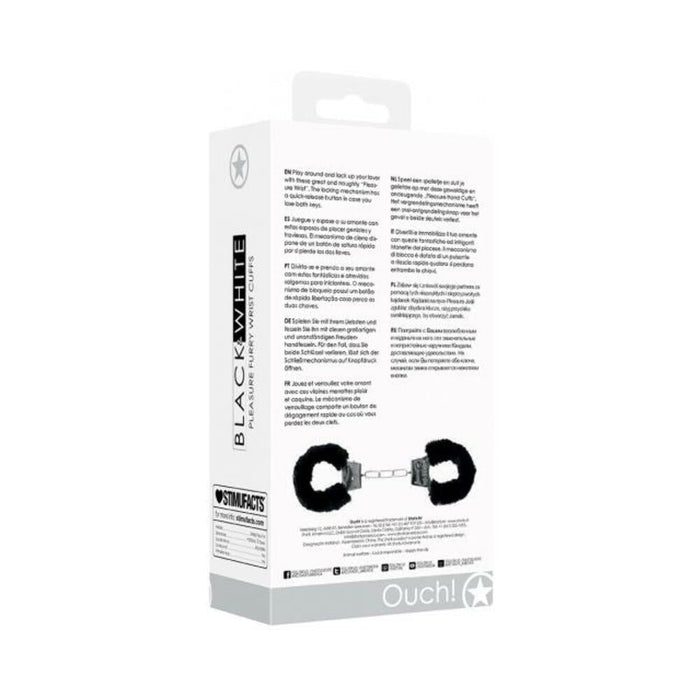 Ouch! Black & White Beginner Pleasure Furry Wrist Cuffs With Quick-release Button