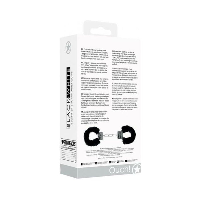 Ouch! Black & White Pleasure Furry Handcuffs With Quick-release Button
