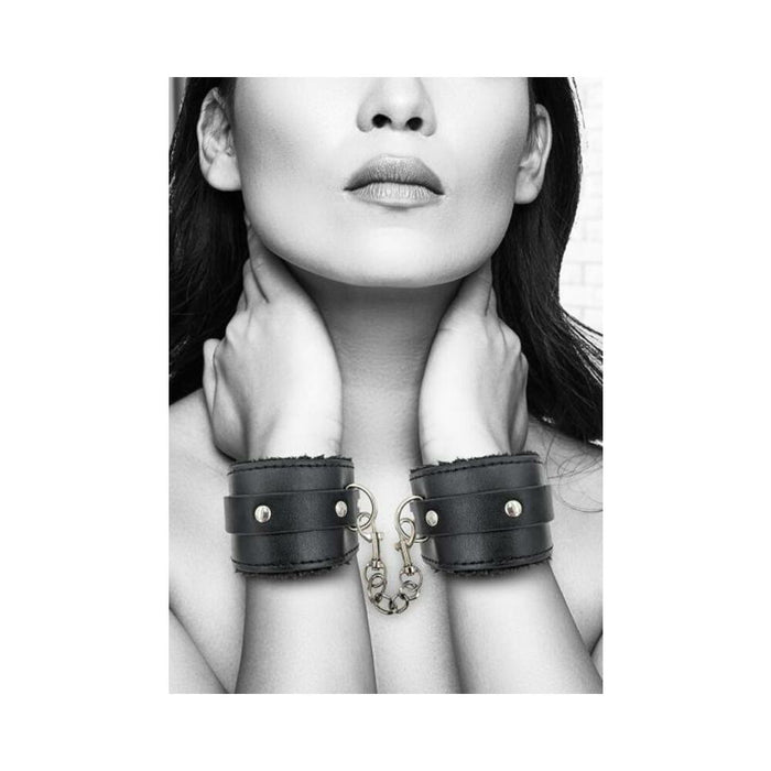 Ouch Plush Bond Leather Hand Cuffs Blk