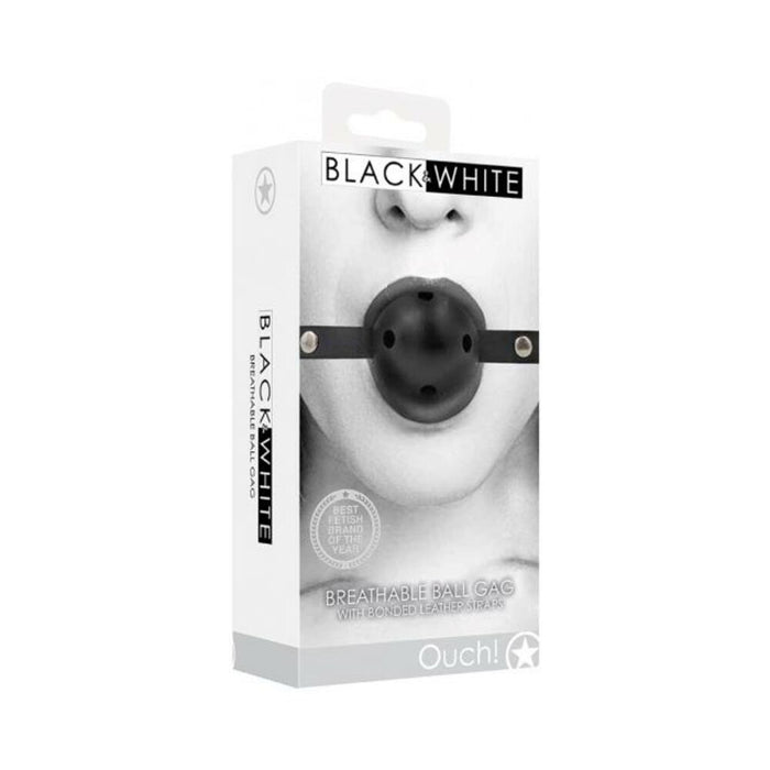Ouch! Black & White Breathable Ball Gag With Bonded Leather Straps Black
