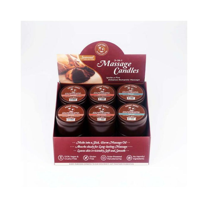 Earthly Body Hemp Seed Holiday Candle Display Includes: 4 Of Each Hemp Seed 3-in-1 Massage Candle 6