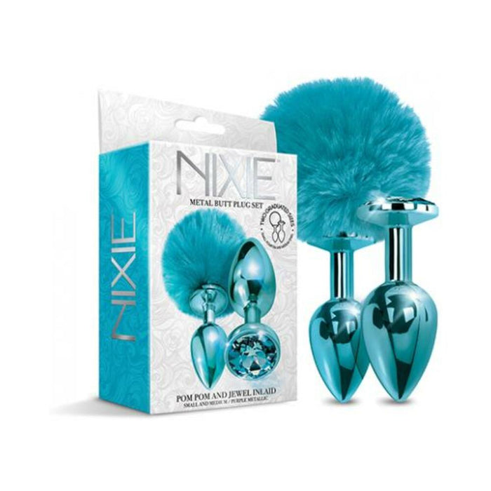 Nixie Metal Butt Plug Set Pom Pom And Jewel-inlaid Metallic Blue