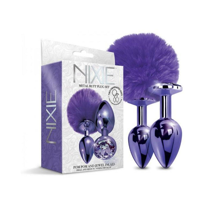 Nixie Metal Butt Plug Set Pom Pom And Jewel-inlaid Metallic Purple