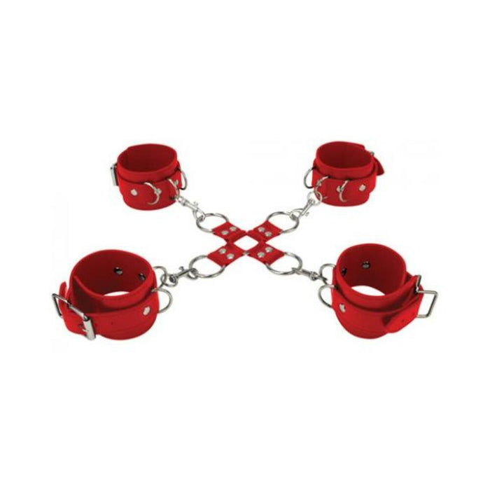 Ouch Leather Hand and Leg Cuffs Red