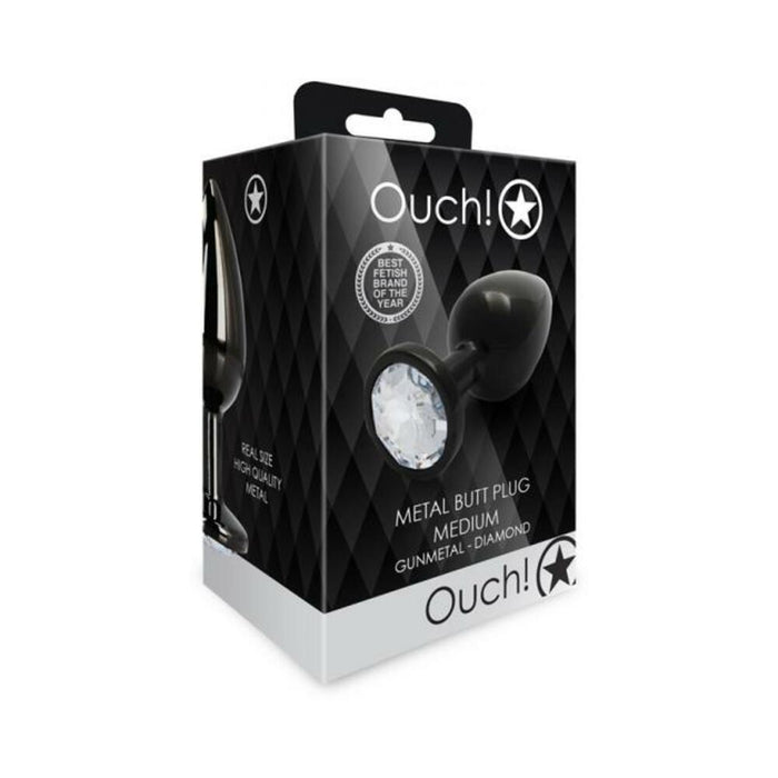 Shots Ouch! Round Gem Butt Plug Medium Gunmetal/diamond