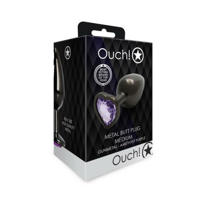 Shots Ouch! Heart Gem Butt Plug Medium Gunmetal/amethyst