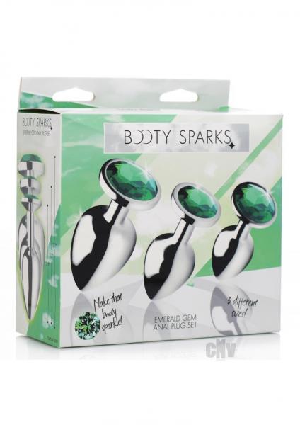 Emerald Gem Anal Plug Set 3 Silver Plugs with Green End