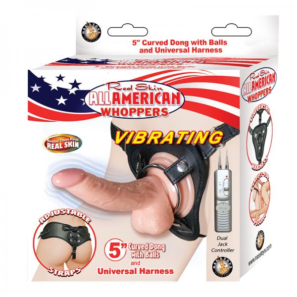 All American Whopper 5 inches Vibrating Curved Dong, & Harness Beige