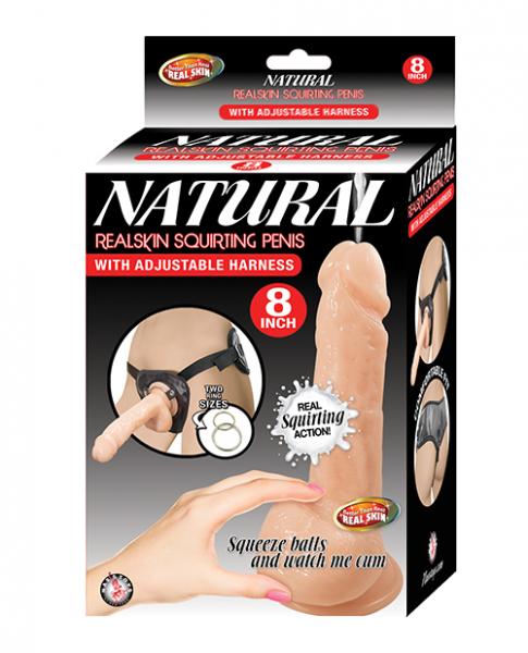 Natural Realskin Squirting Penis 8 inches Beige Harness
