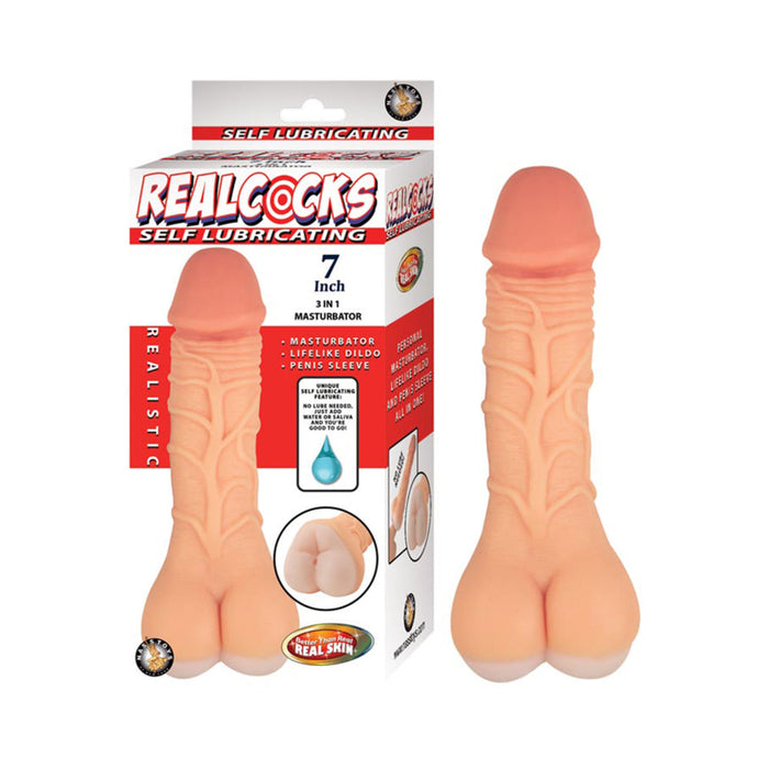 Realcocks Self Lubricating 7'' 3-in-1 Masturbator - White