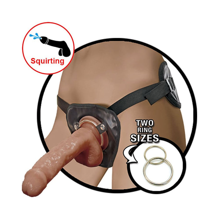 Natural Realskin Squirting Penis With Adjustable Harness 8'' - Brown