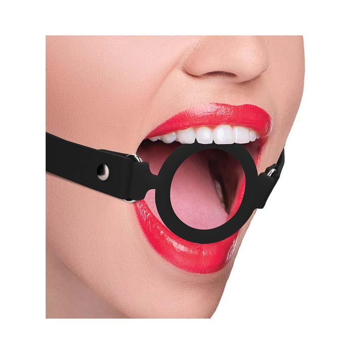 Ouch! Silicone Ring Gag With Leather Straps - Black