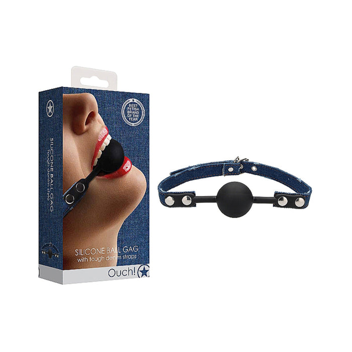 Ouch! Silicone Ball Gag - With Roughened Denim Straps - Blue