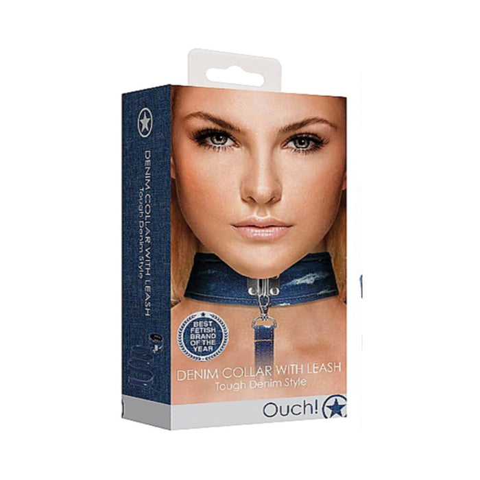 Ouch! Denim Collar - With Leash - Roughened Denim Style - Blue