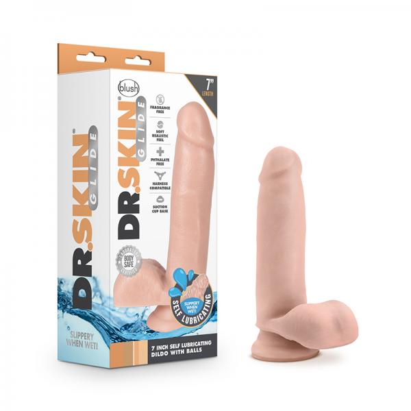 Dr. Skin Glide 7'' Self-lubricating Dildo With Balls Vanilla