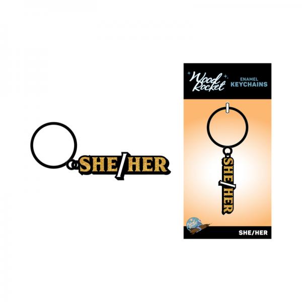 Wood Rocket She/her Keychain - Black/gold