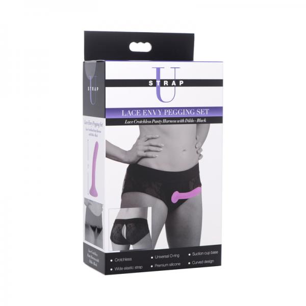 Lace Envy Black Pegging Set With Lace Crotchless Panty Harness And Dildo - L-xl