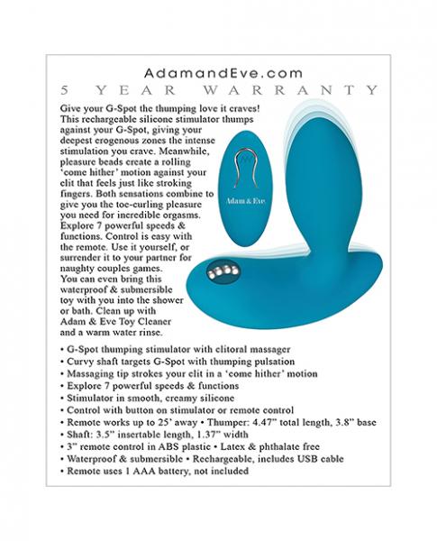 A&e G-spot Thumper With Clit Motion Massager Rechargeable, Remote Control Teal