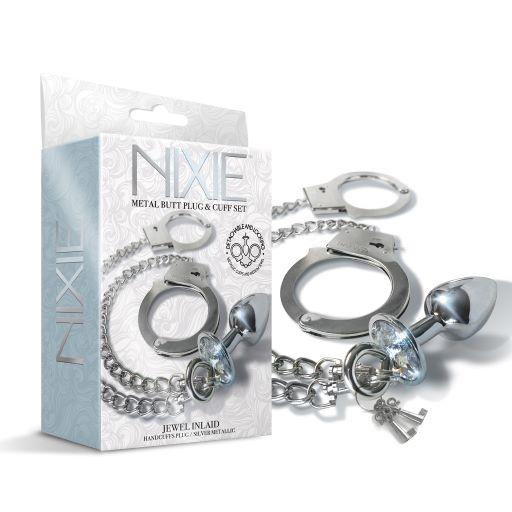 Nixie Metal Butt Plug & Handcuffs Set Silver