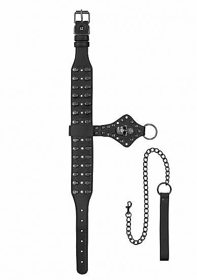 Ouch! Skulls & Bones Neck Chain With Skulls And Leash Black