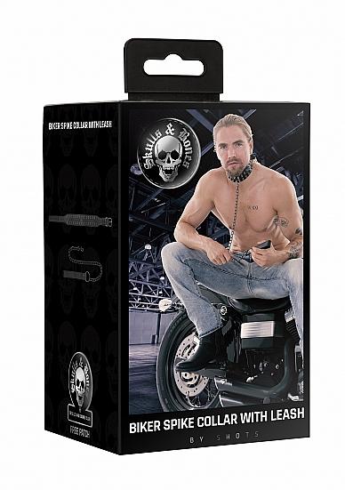 Ouch! Skulls & Bones Biker Spike Collar with Leash Black