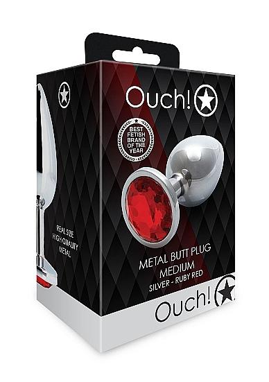Shots Ouch! Round Gem Butt Plug Medium Silver/ruby Red