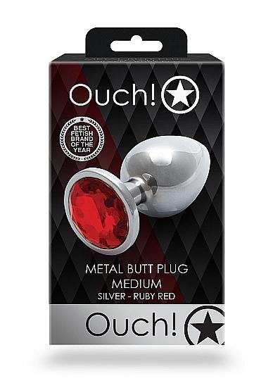 Shots Ouch! Round Gem Butt Plug Medium Silver/ruby Red