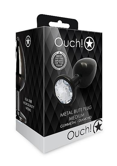Shots Ouch! Round Gem Butt Plug Medium Gunmetal/diamond