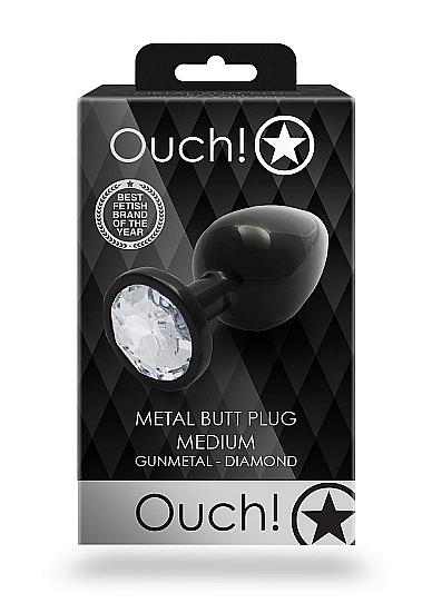 Shots Ouch! Round Gem Butt Plug Medium Gunmetal/diamond