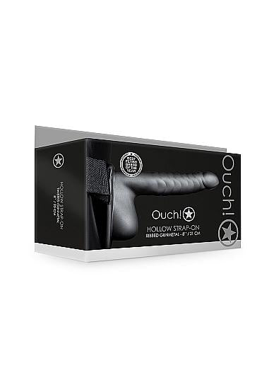 Ouch! Ribbed Hollow Strap-on With Balls 8 In. Gunmetal Gray