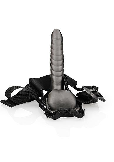 Ouch! Ribbed Hollow Strap-on With Balls 8 In. Gunmetal Gray